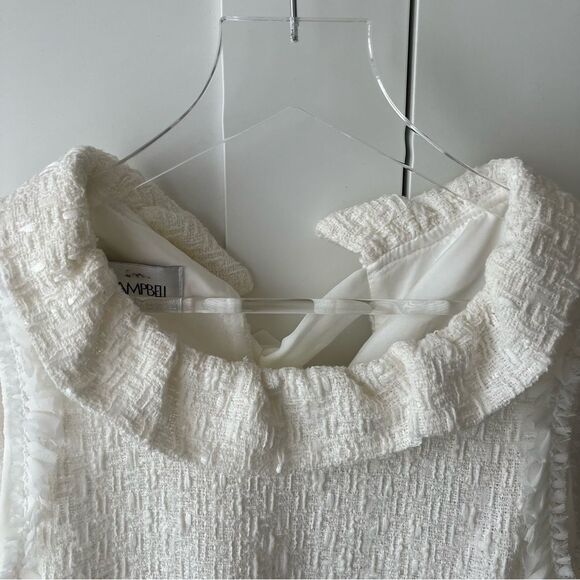 Sara Campbell Ruffle Neck Tweed Sleeveless White Shift Dress With Pockets Sz 12 - Picture 2 of 13